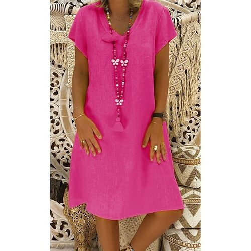 Women Summer Dress 2023 Boho Cotton Linen Short Sleeve V-Nec