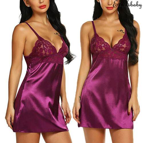 Womens Night Short Dress Nightgown Satin Silk Lace Lingerie