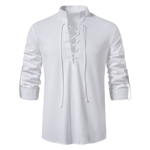 2023 New Mens Casual Blouse Cotton Linen Shirt Tops Long Sl
