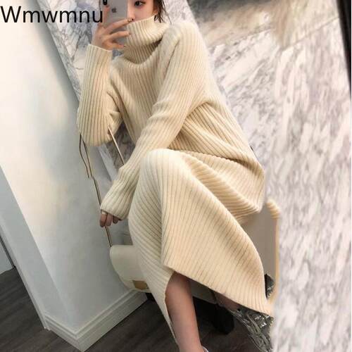 Thick Knitted Dress Turtleneck Loose Korean Knitwear Midi Dr