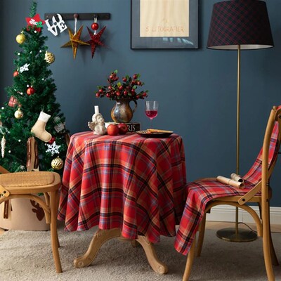 Christmas Decoration Round Tablecloth Plaid Table Cover for