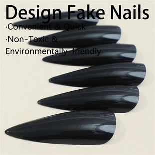 24Pcs Cool Pure Black Long Fake Nails Pointed Tips False Nai