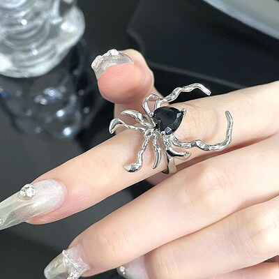 Gothic Irregular Spider Webs Zircon Ring Women Black Crystal