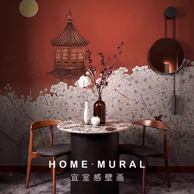 中式红色桃花墙纸电视背景墙客厅电视沙发卧室剧本杀壁纸定制壁画,家装主材,定制壁画,淘宝优惠券,粉丝福利购,淘宝优惠卷