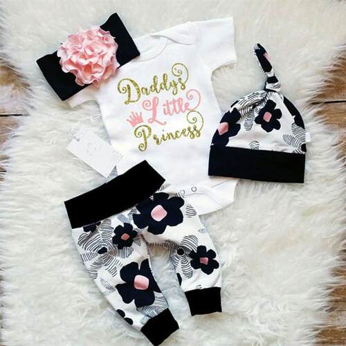 4Pcs Newborn Baby Girls Summer Clothes Sets Short Sleeve Rom