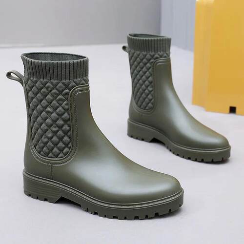Rainboots Women New Plaid Casual Womens Boots Fashion Mid-C