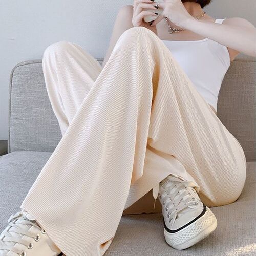 New Ladies Ice Silk Light Wide Leg Pants Girl Pure Color Hig