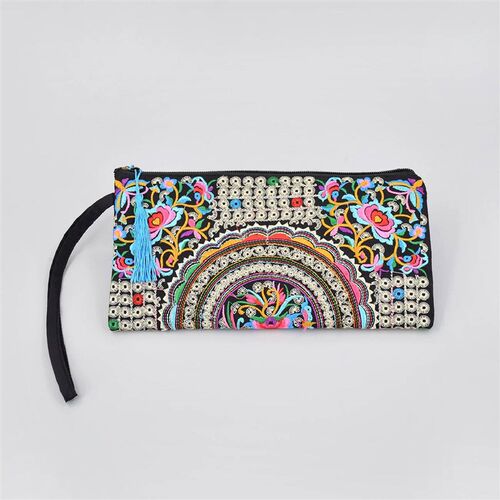 Vintage Ethnic Style Embroidered Long Wallet Wristlet Clutch
