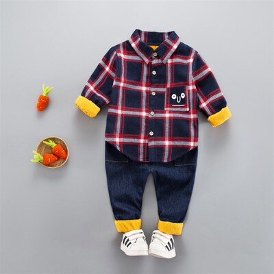 Flannel Boys TwoPiece Set Check Collar Shirt w Long Sleeves