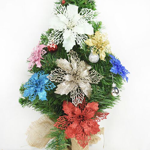 10pcs Glitter Artificial Poinsettia Flower with Berry Weddin