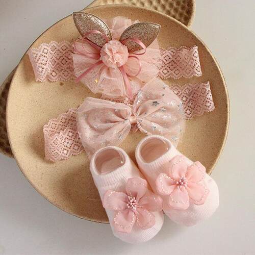 3Pcs/Set Lace Flower Baby Girl Headband Socks Set Crown Bows