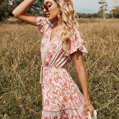Bohemia Floral Print Butterfly Sleeve Summer Dress Women Cas