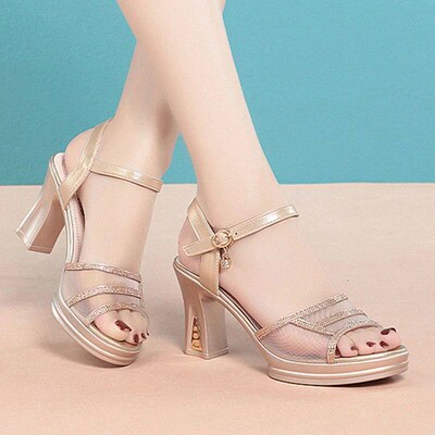 Elegant Mesh Rhinestone Block High Heels Shoes Summer 2024