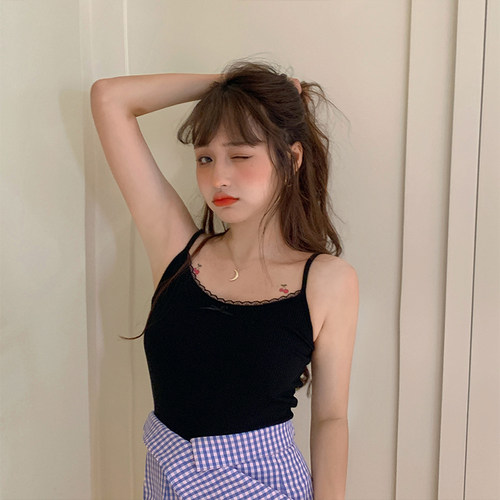 2021 Summer New Bow Lace Edge Crop Tops Off Shoulder Spaghet