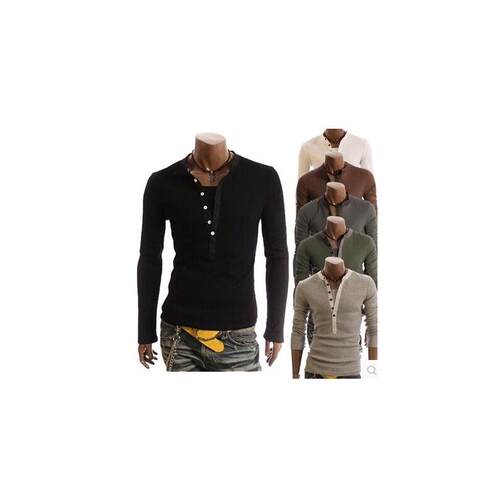 Long sleeve T - shirt new false two buttons to decorate the