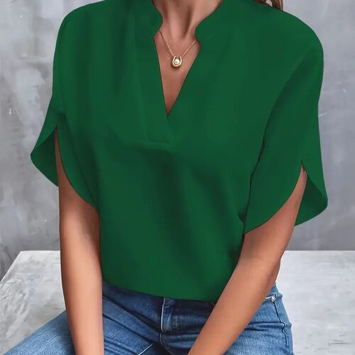 Summer Casual Solid Color VNeck Loose Shirt Tops for Women 2