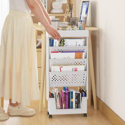 分销书桌收纳置物架落地可移动书报架多层带轮子学生书袋书本收纳