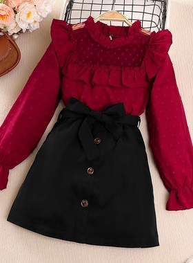 Girls Spring And Autumn Suit Solid Color Long Sleeve Lace H