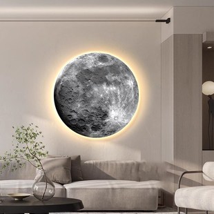月球LED灯画沙发背景画客厅高端壁画圆形装饰画发光壁灯玄关挂画