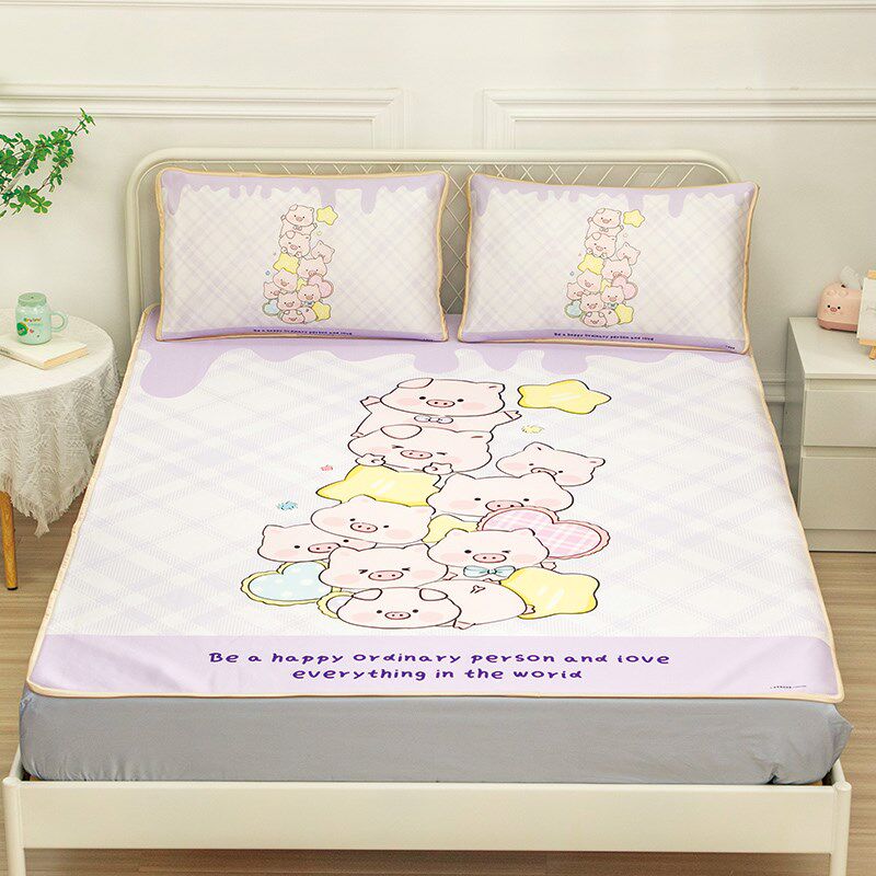 可爱小猪猪卡通凉席三件单人冰丝席可机洗人席子凉感床垫枕,床上用品,冰丝席,淘宝优惠券,粉丝福利购,淘宝优惠卷