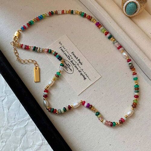 Fashion Colorful Beads Stone Natural Freshwater Pearl Neckla