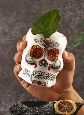 酒吧灵魂花面彩绘骷髅头个性鸡尾酒杯分子调酒北美特调陶瓷tiki杯