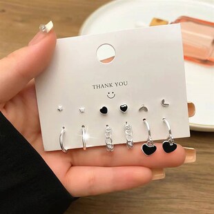 6 Pairs Korean Fashion Metal Start Heart Circle Small Earrin