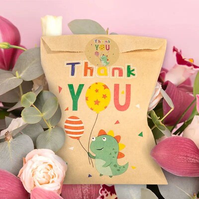 24Sets Thank You Kraft Paper Bags Cute Rainbow Dino Happy Bi