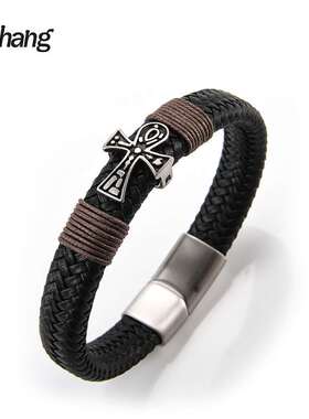 Braided Leather Brlet New Ancient Egypt Cross Stainless Stee