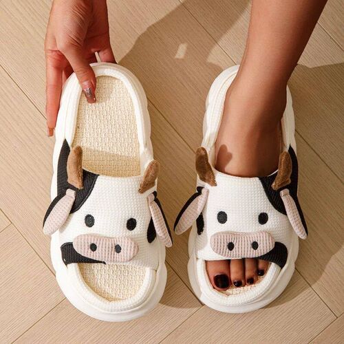 Cute Cartoon Cow Unisex Linen Slippers Spring Summer Slides