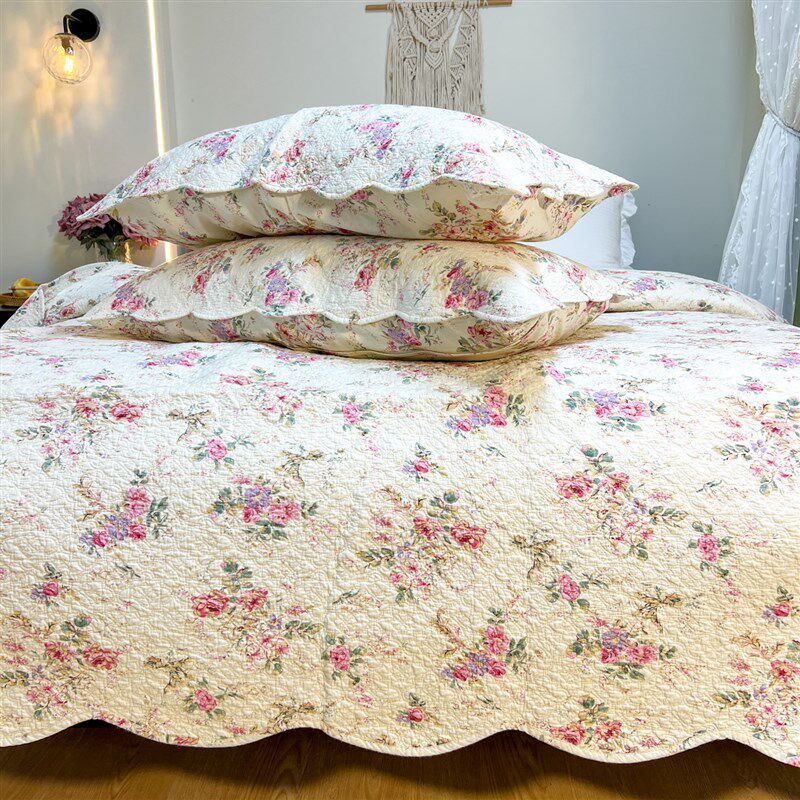 韩单出口田园风小碎花密针双面绣花绗缝夹棉床盖三件套可机洗双人