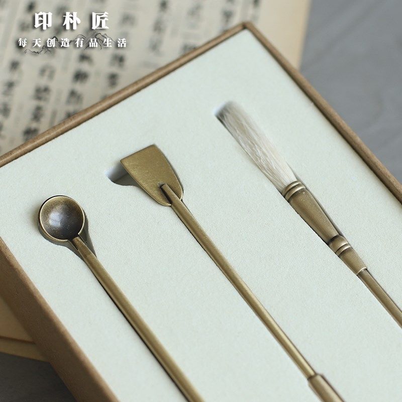 纯黄铜香道香勺铲灰扫灰押打篆用品香具拉丝工艺防变色3件套