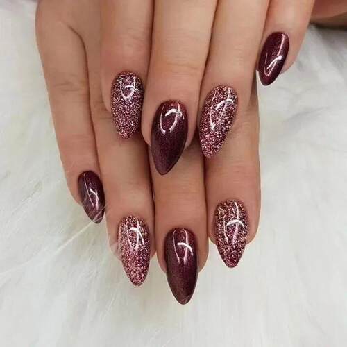 24Pcs Simple Wine Red Fake Nail with Glue Mid-length Almond