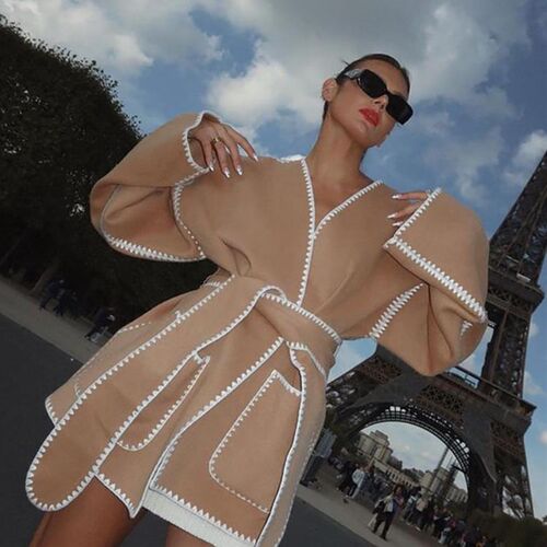 Elegant Lace Up Women Coat Autumn Winter Long Sleeve Deep V-