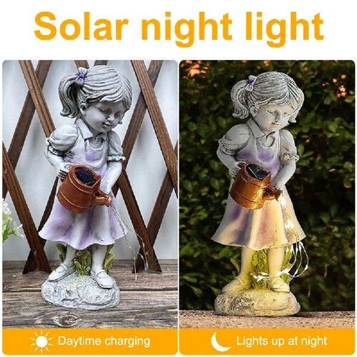 Solar Powered Girl Pot Night Light Resin Girl Watering Pot