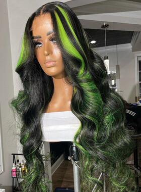 Highlight Green Lace Front Human Hair Wigs 38 Inch Ombre Col