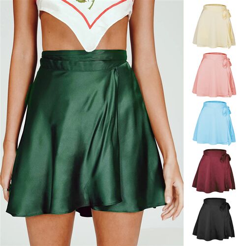 Women Skirts Satin Wrap Skirt Bandage Tie Waist Asymmetry