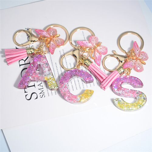 Cute Resin A-Z Initials Letter Keychain Pink Sparkle Butterf