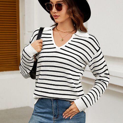 Womens Striped Sweater Casual Loose Long-sleeved Simple Sty