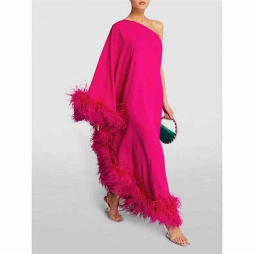 Womens Single Feather Single Shoulder Grand Evening Dress