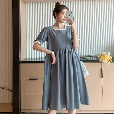 Maternity New Summer Dress Square Collar Loose Slimming Plat