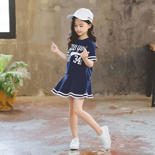 Summer Girls Clothes Suit 2023 Short-Sleeved+A-Line Skirt 2P