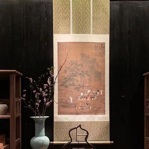 宋徽宗赵佶文会图   国画宣和裱茶画雅园聚会挂轴装裱檀木轴头