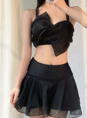 黑色蝴蝶结钢托聚拢高腰裙摆仙女范分体比基尼泳装夏温泉显瘦泳衣