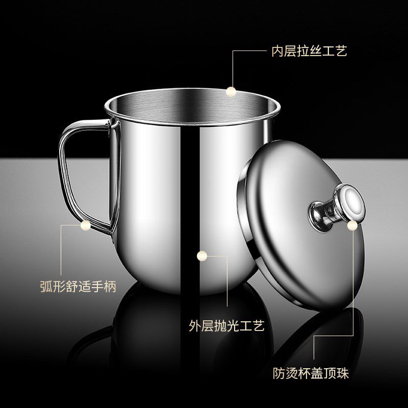 不锈钢带柄水杯口杯牛奶喝水茶杯带盖茶缸防摔成人会议室