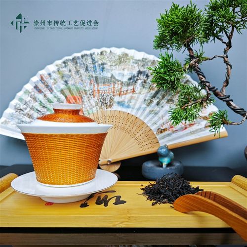 三才盖碗茶具竹丝扣瓷非遗道明竹编瓷胎手工艺品覆古中式商务礼品