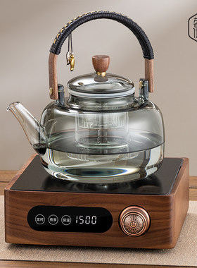 耐高温全玻璃提梁新款蒸煮一体茶壶胡桃木黑晶炉煮茶炉器烧水泡茶