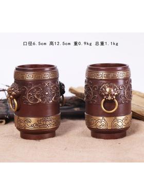 杨铜记 复古桌面办公摆件铜笔筒狮头莲花笔筒 铜笔筒