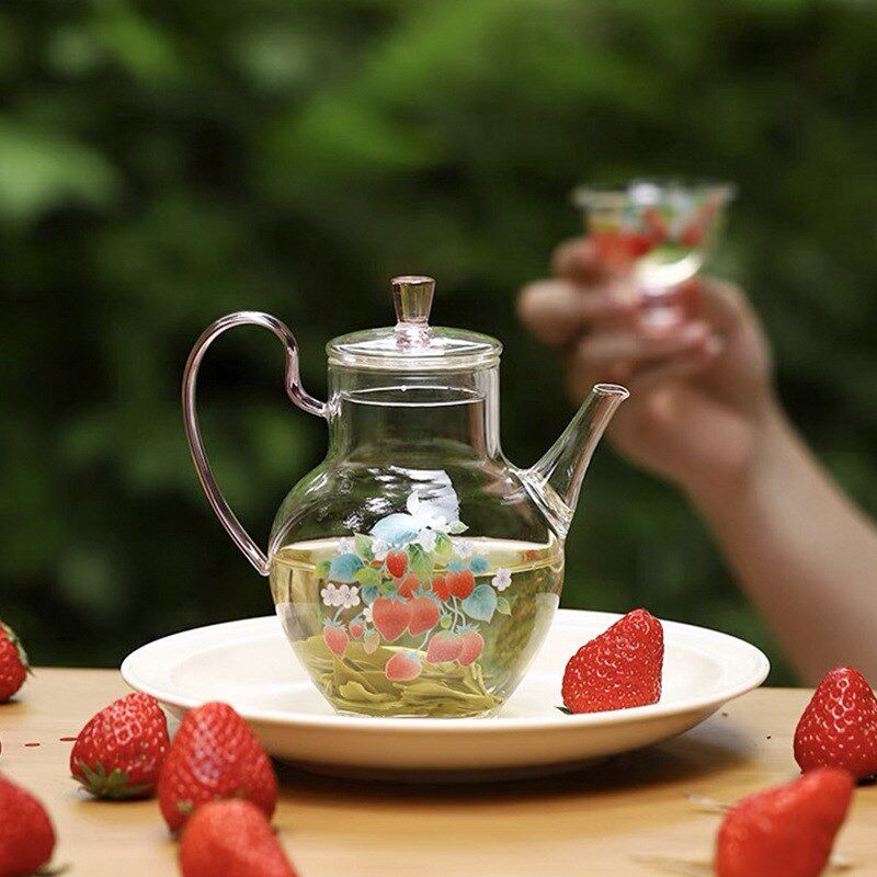 莓好系耐热玻璃手执茶壶 高温烤花中号家用绿茶泡茶壶花茶壶酒壶