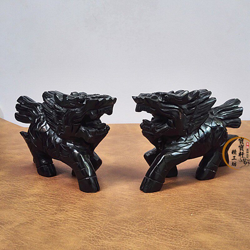 天然黑玉麒麟一对摆件黑曜石玉石送子麒麟玉雕家居办公工艺品摆设